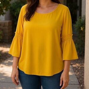 CATO Yellow Smocked Sleeve Scoop Neck Top - Plus Size 18/20W